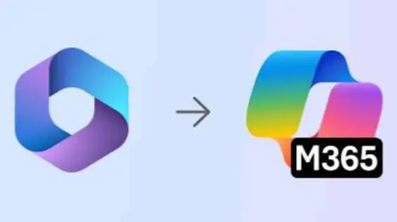 Microsoft Copilot logo pointing to Microsoft 365 logo