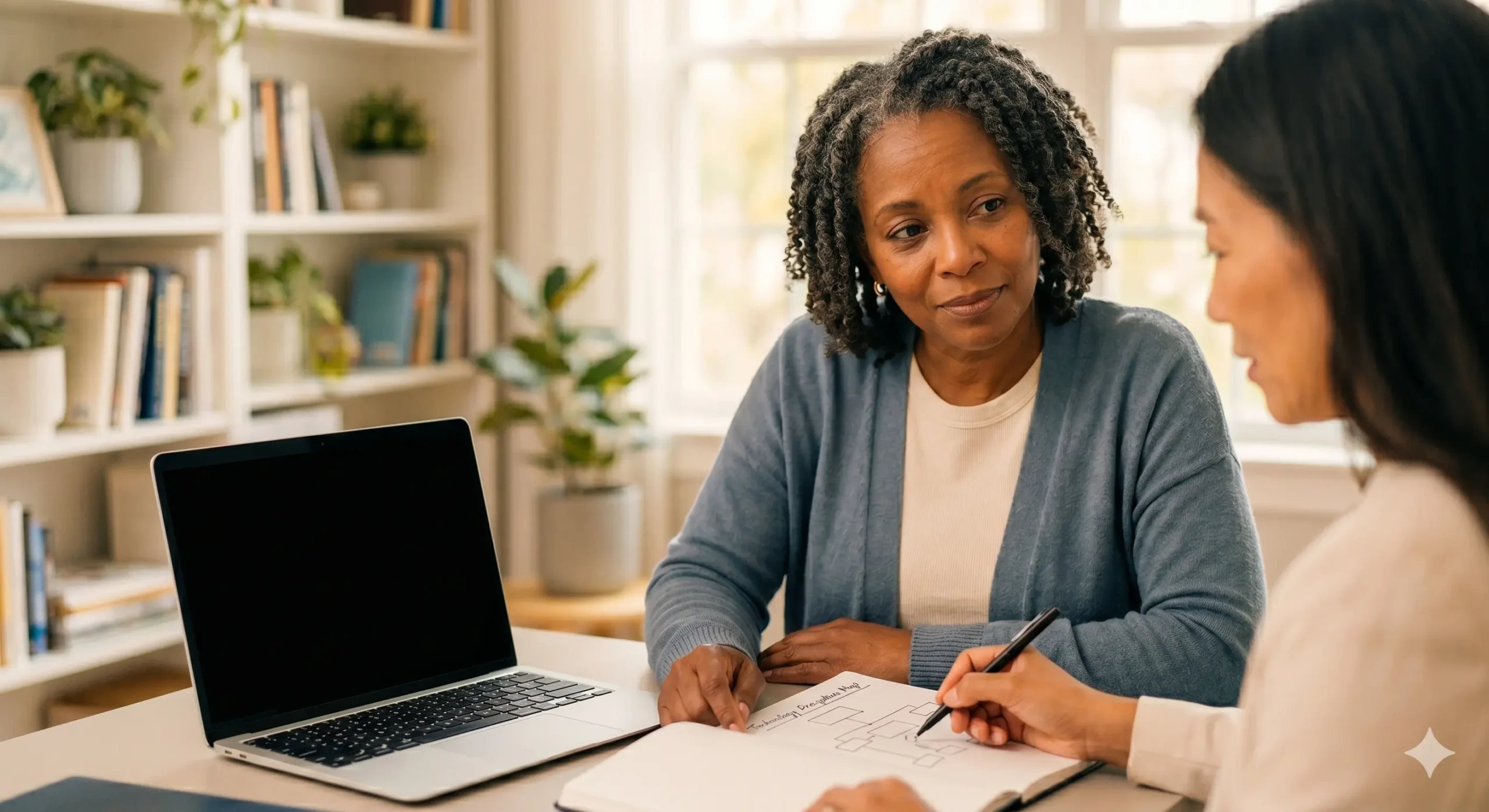 Black woman with grey shoulder length hair speaking to a caucasian woman in front of a computer.