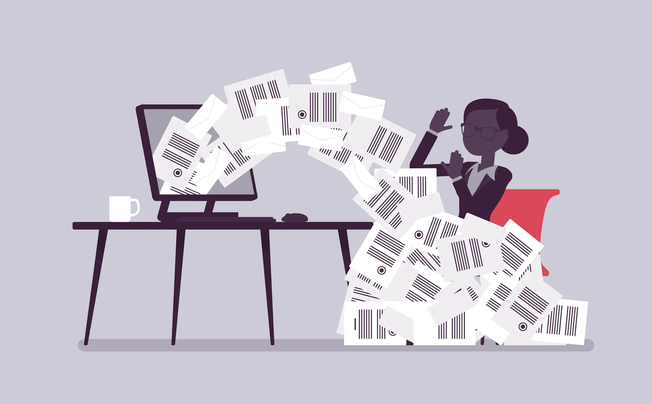 Illustration of a woman in an office being overwhelmed by email.