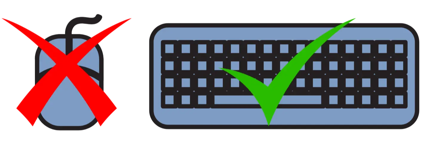a computer mouse with a red X on it and a computer keyboard with a green check on it