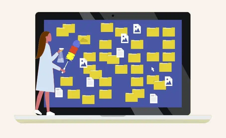 illustration of a woman cleaning files from a laptop screen