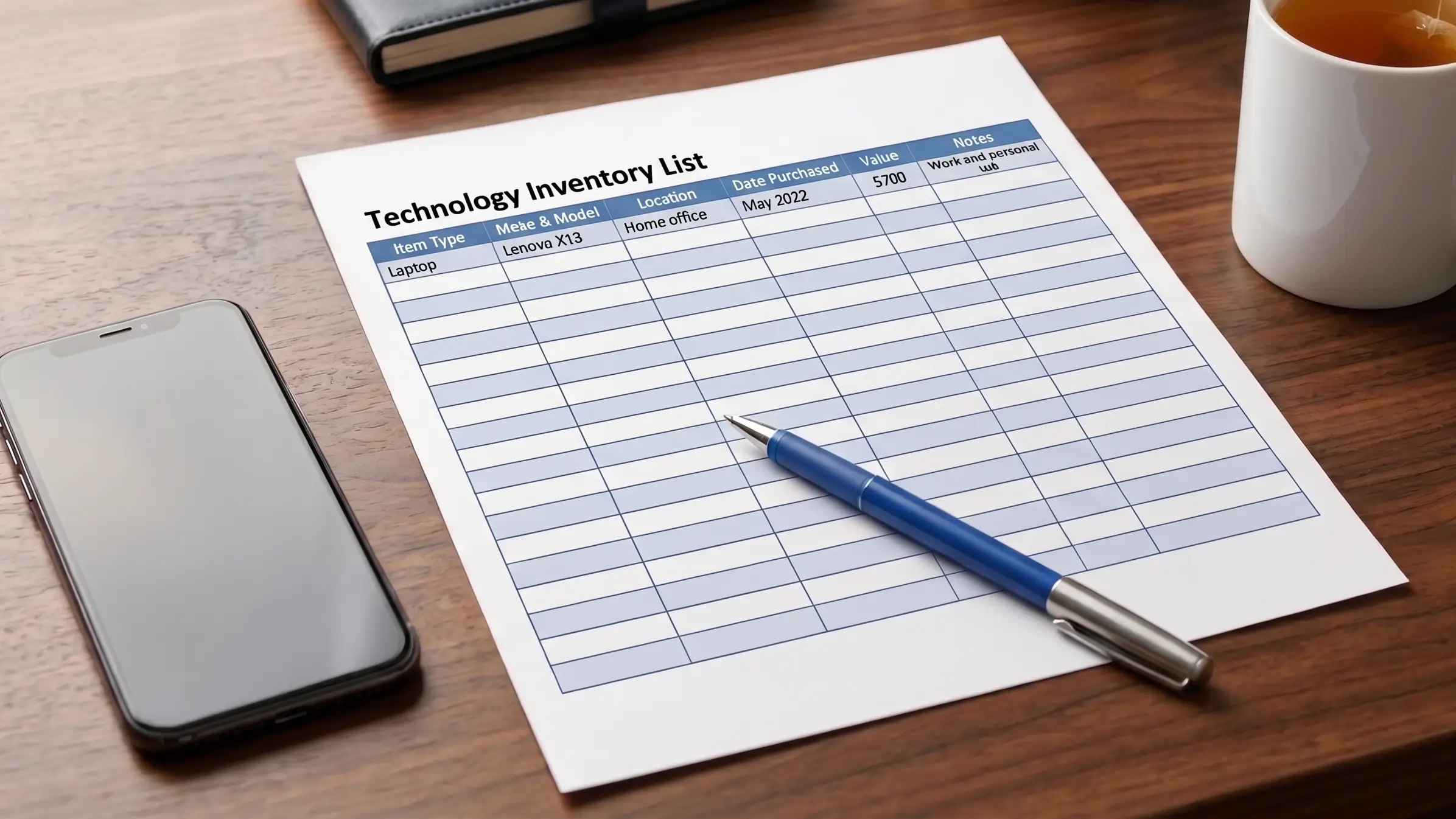 A blank technology inventory list on a wooden surface.